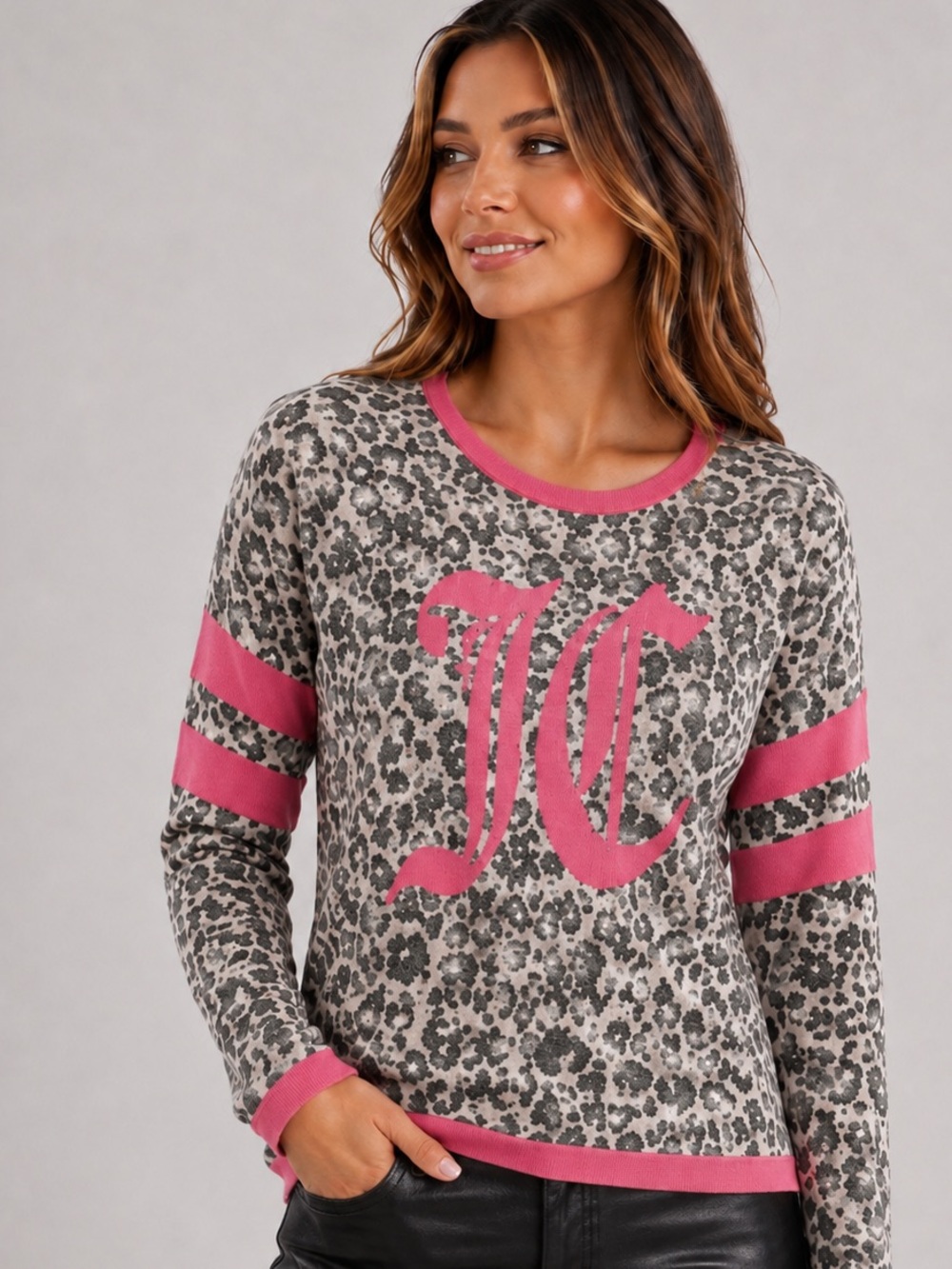 Juicy Couture Pink and Gray Leopard Logo Crewneck Sweater